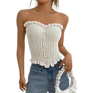 ✨ Knitted Strapless Crop Top | Ruffle Trim & Pearl Button Detail